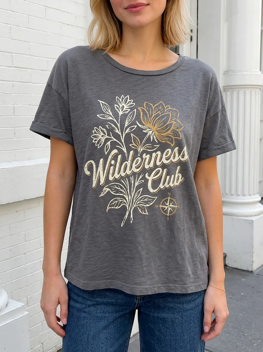 Women's Wilderness Club Nature Floral Compass Printed T-shirt