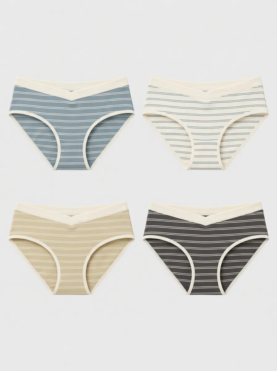 Women's V-Waist Striped Pattern Printed 4-Pack Panties