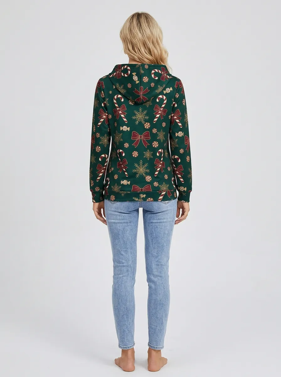 Women's Christmas Candy-Cane Bow Snowflake Zip Hoodie
