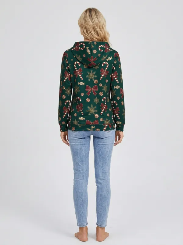 Women's Christmas Candy-Cane Bow Snowflake Zip Hoodie