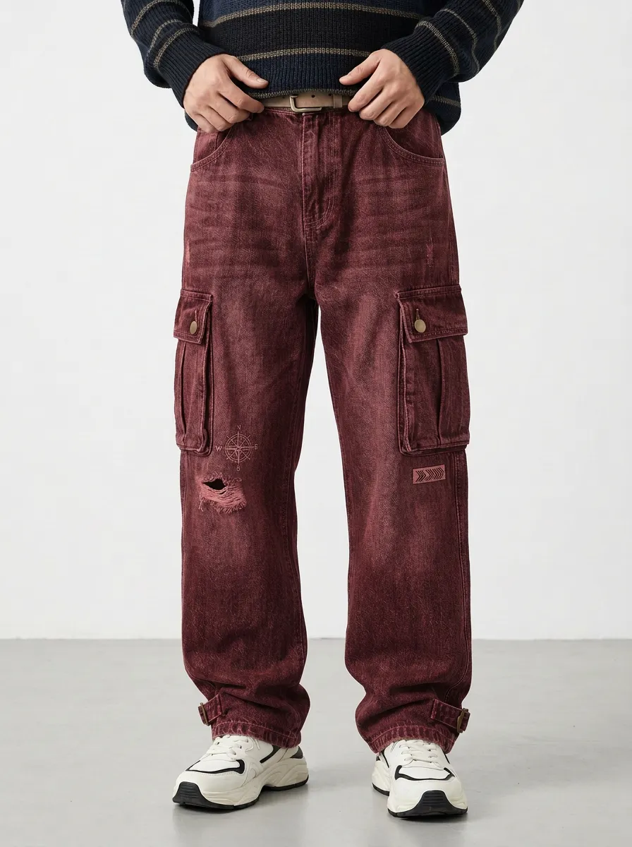 Men's Vintage Compass Distressed Printed Cargo Jeans