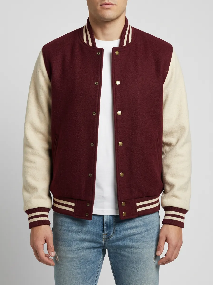 Men's Burgundy & Cream Snap-Front Wool Baseball Jacket