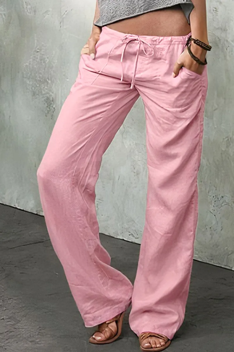 Solid Slant Pocket Drawstring Low Rise Pants