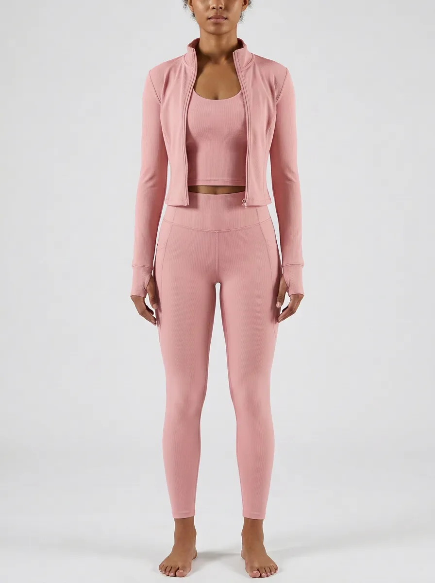 Streetwear Ribbed Texture Zip Detail Essential Women's Three Piece Activewear Set