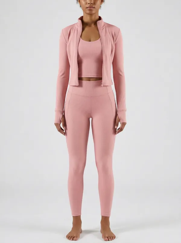 Streetwear Ribbed Texture Zip Detail Essential Women's Three Piece Activewear Set