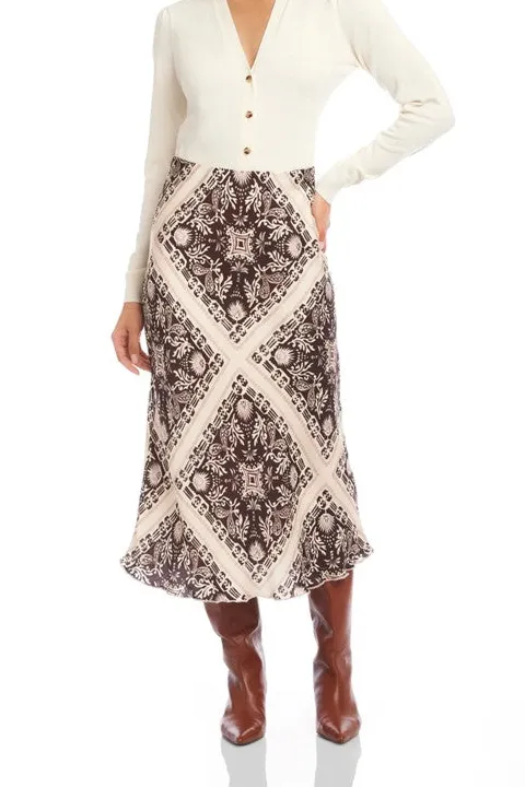 Women's Brown Bandana Print Bias Cut Midi Skirt
