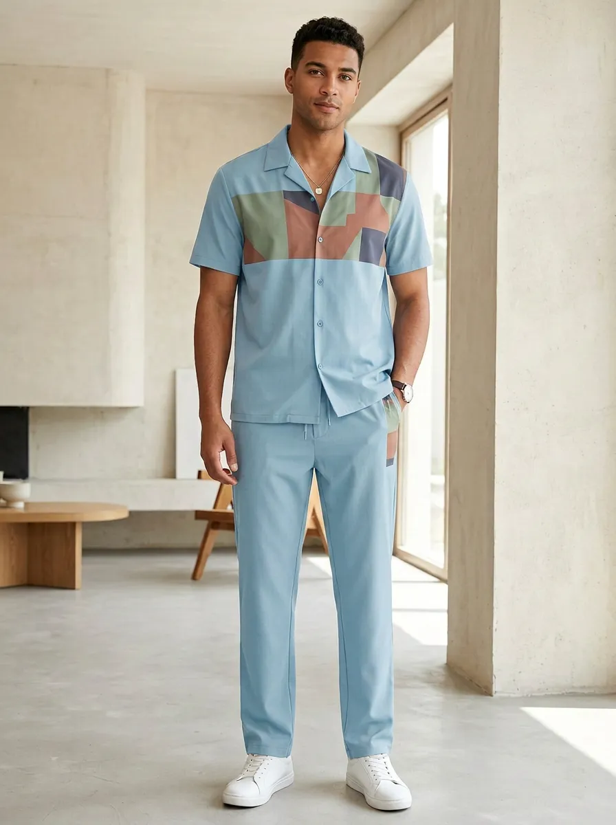 Men's Geometric Colorblock Printed Casual Lounge Set Modern Pattern