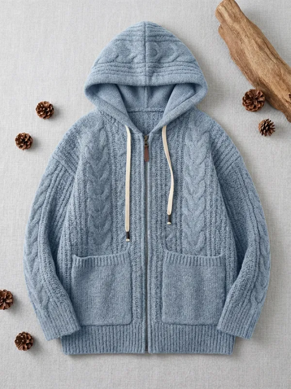 Comfort Cable-Knit Zip-Up Hooded Cardigan