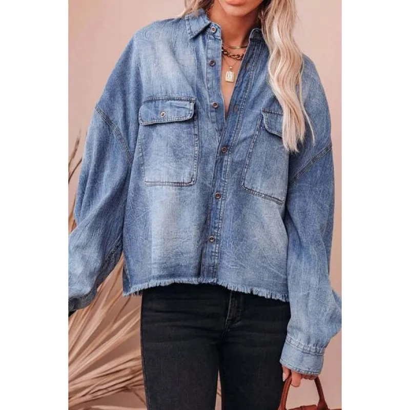 Collared Raw-Hem Long-Sleeve Denim Shirt