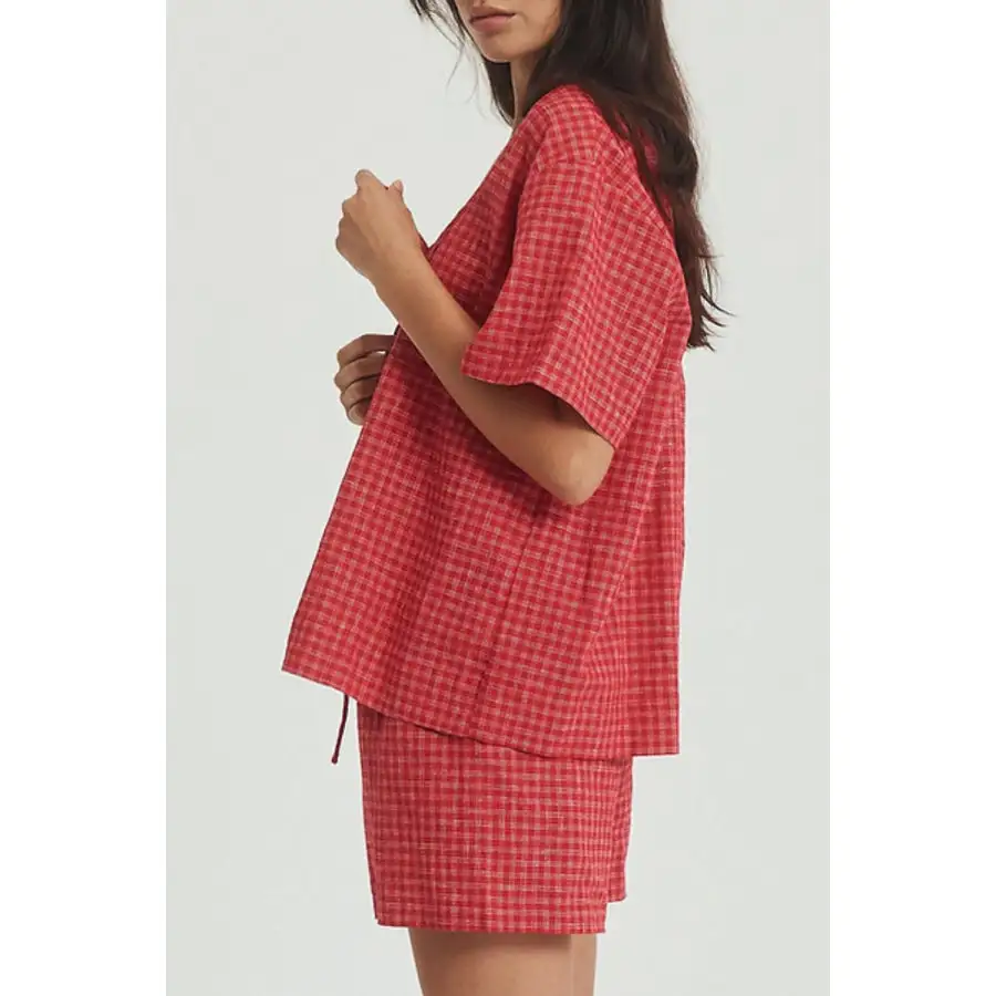 Plaid Tied Scoop Neck Short Sleeve Top and Drawstring Shorts Set