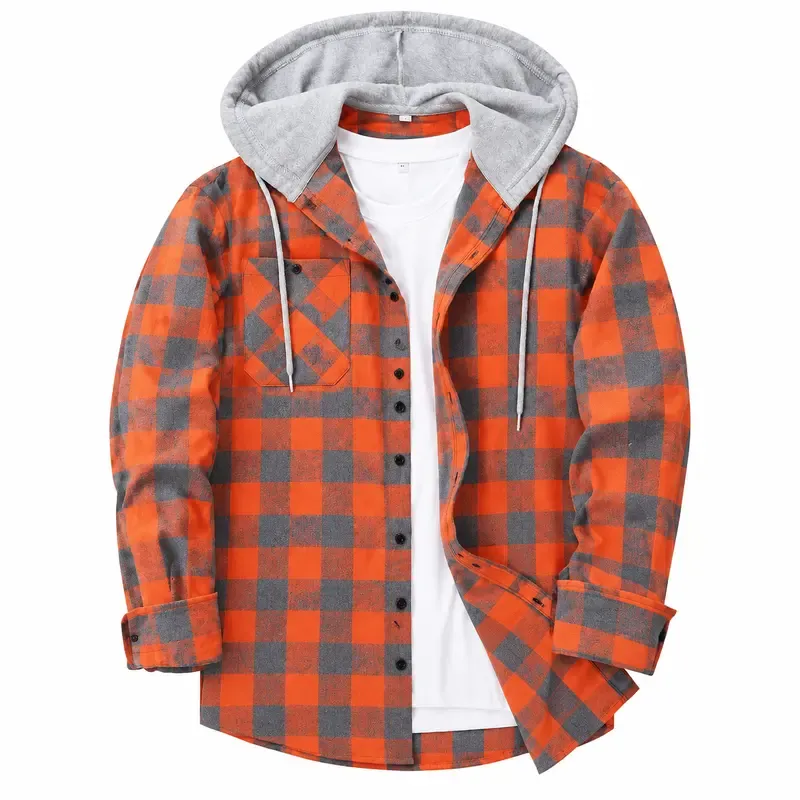 Men's Plus-Size Plaid Flannel Hooded Long-Sleeve Shirt Jacket