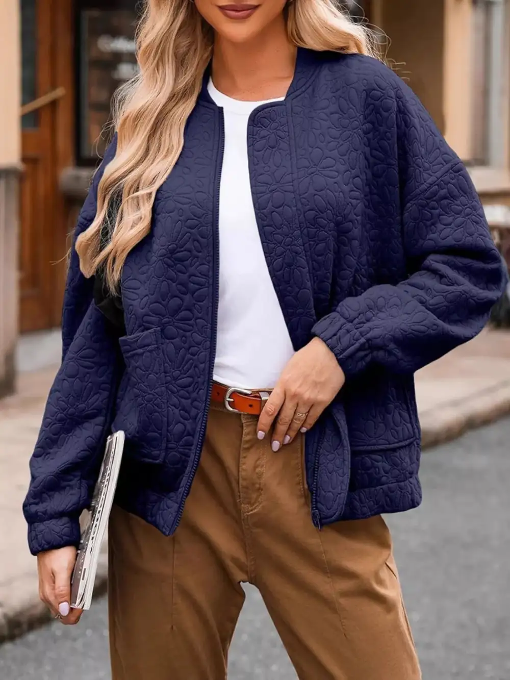 Full Size Floral Quilted Zip Up Jacket Plus Size