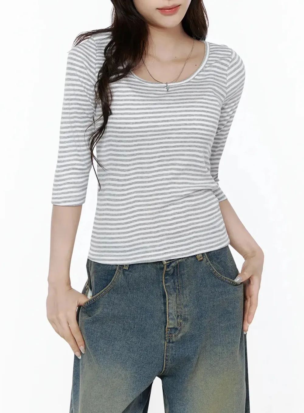 Striped Three-Quarter Long Sleeve Top