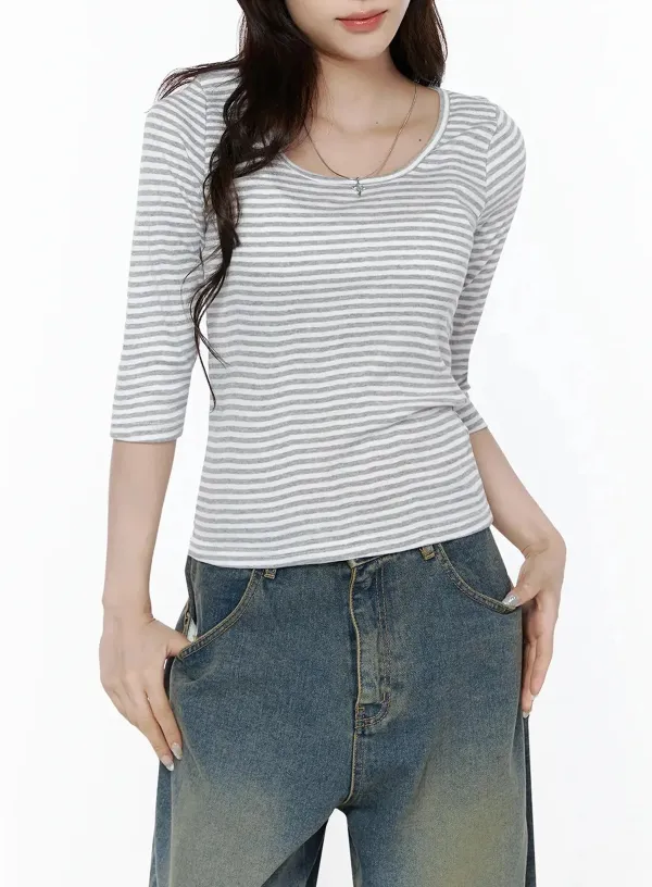 Striped Three-Quarter Long Sleeve Top