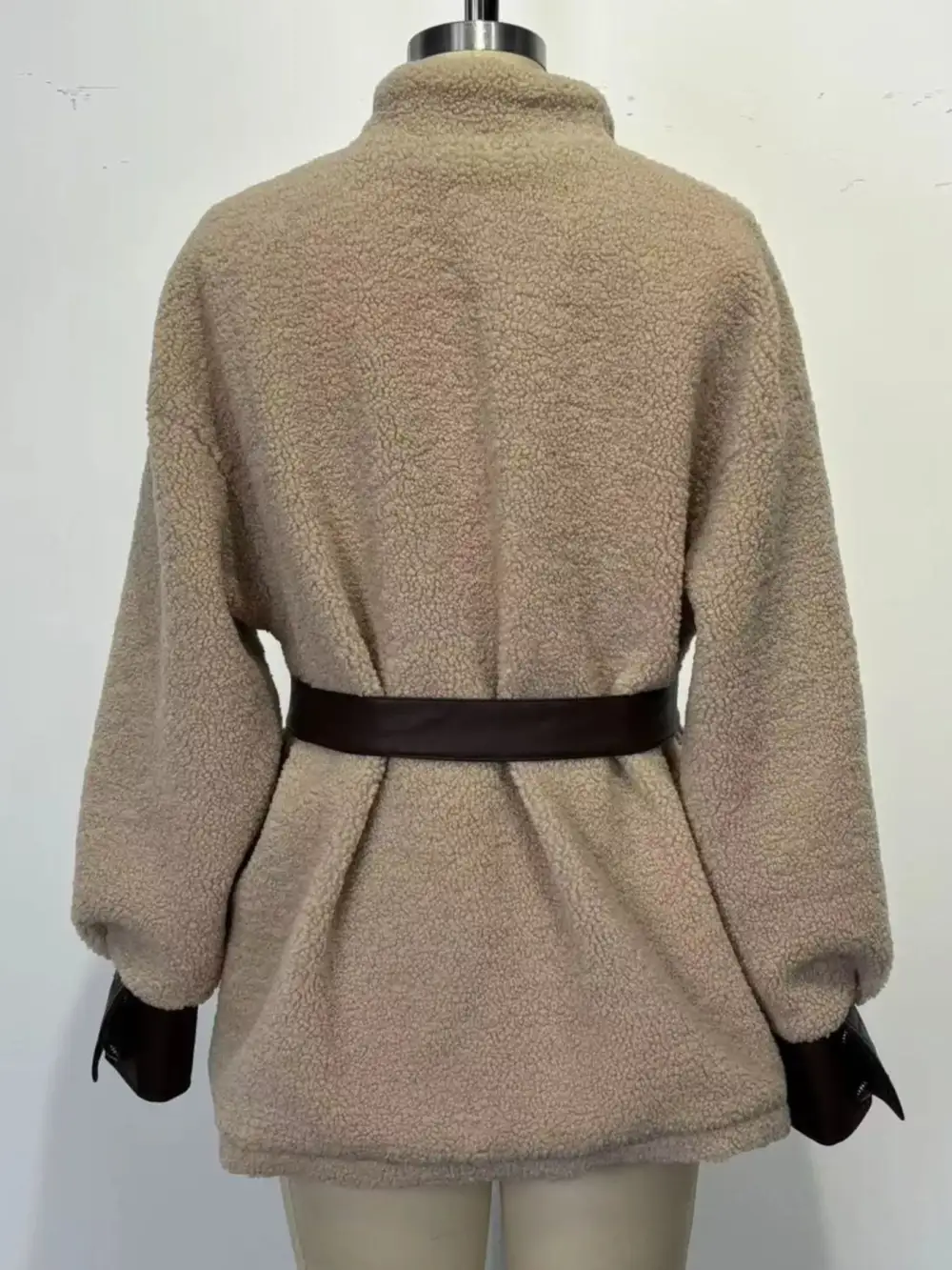 Leather Trim Sherpa Outerwear With Pockets