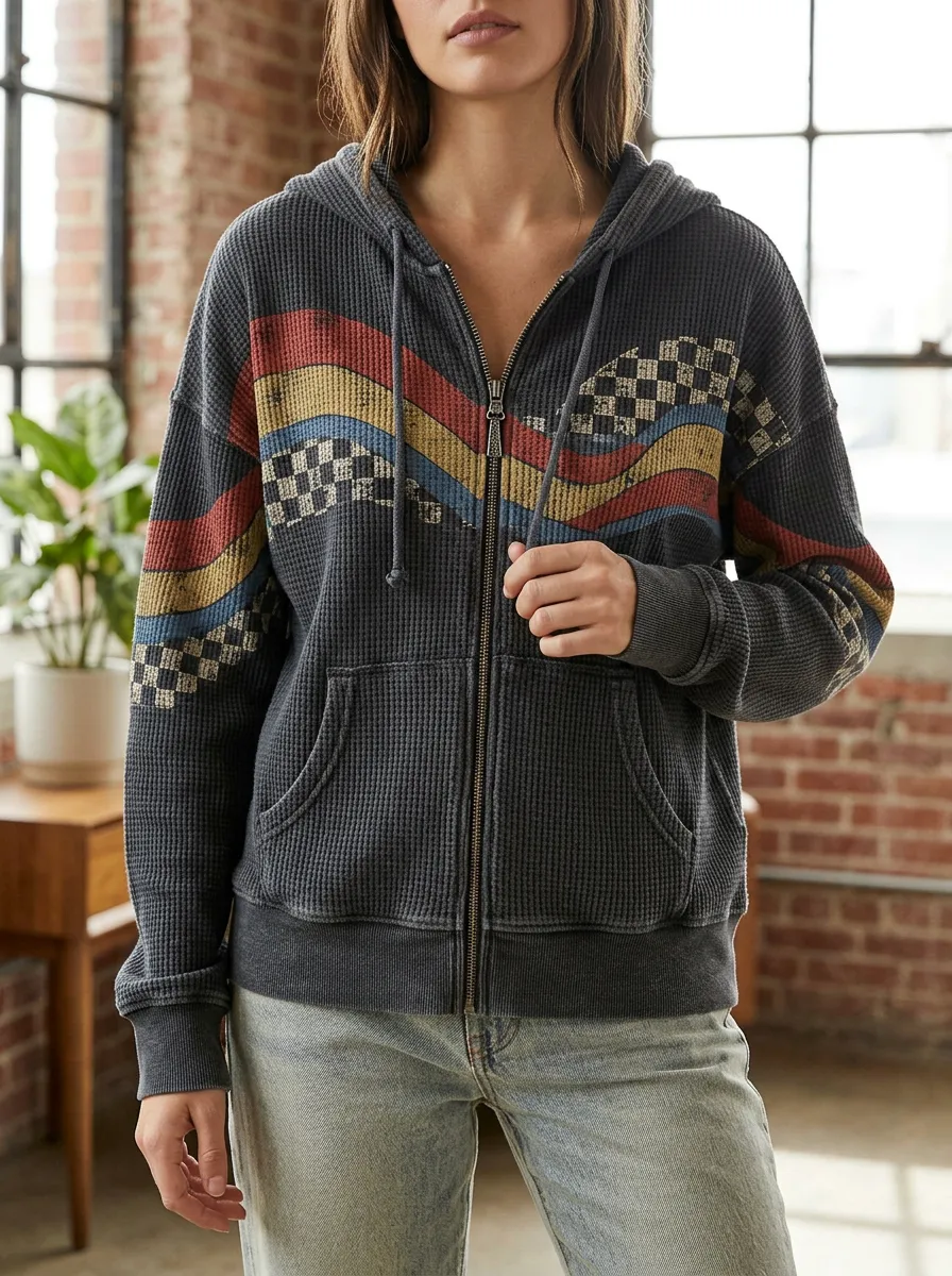 Women's Retro Checkerboard Stripe Printed Waffle Zip Hoodie