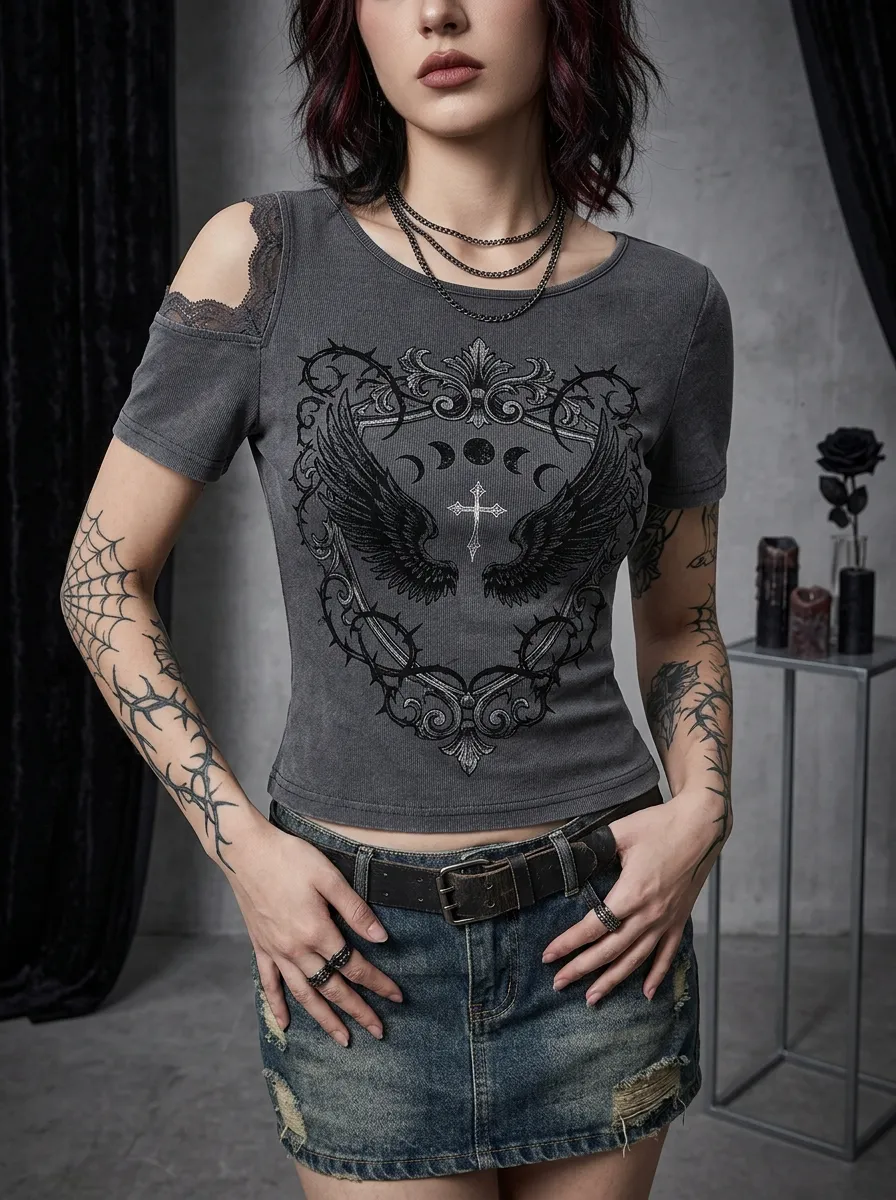 Moonlit Moon Wing Cross Finish Women's Gothic T-Shirt