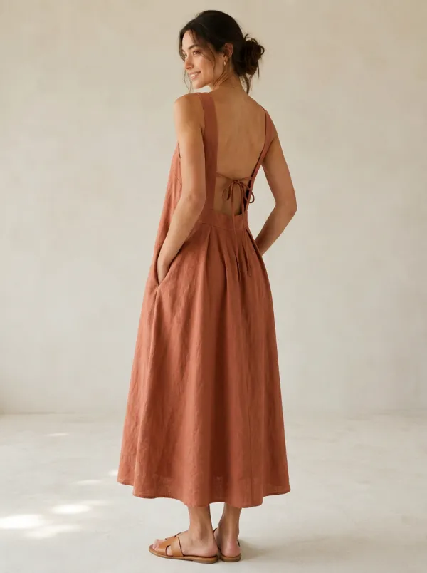 Women's Easy-Fit Casual Tie-Strap Linen Backless Dress