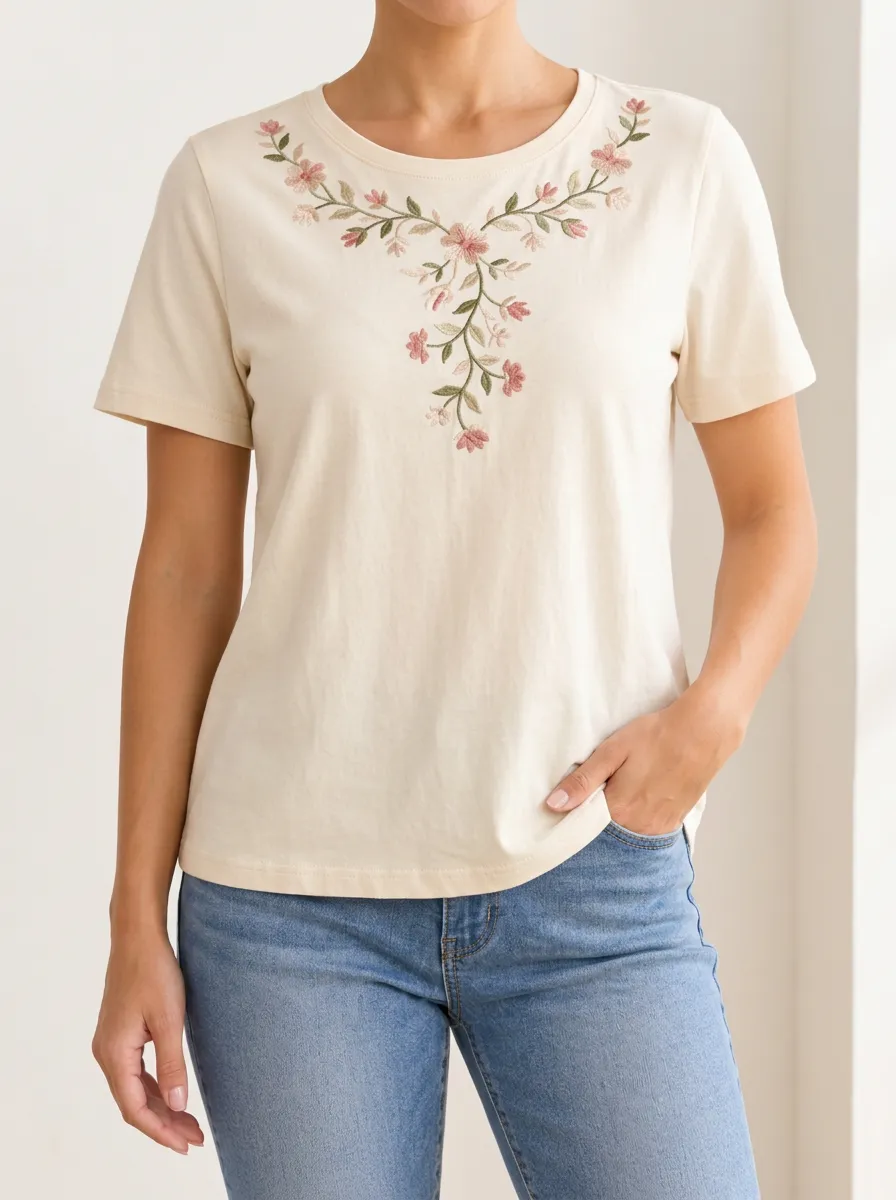 Women's Casual Short Sleeve Tee with Floral Print Embroidered Detail Detail