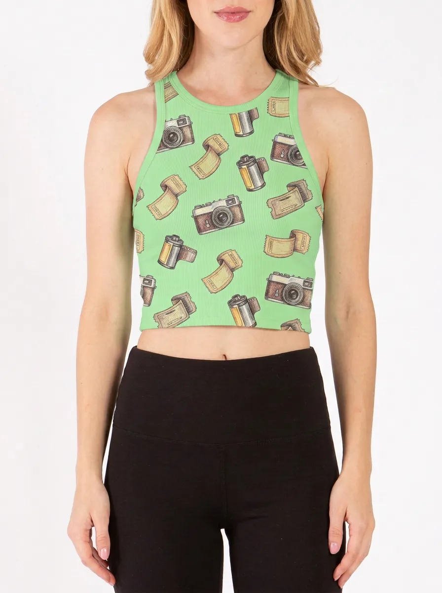 Women's Photography-Inspired Vintage Camera Film Printed Crop Tank Top