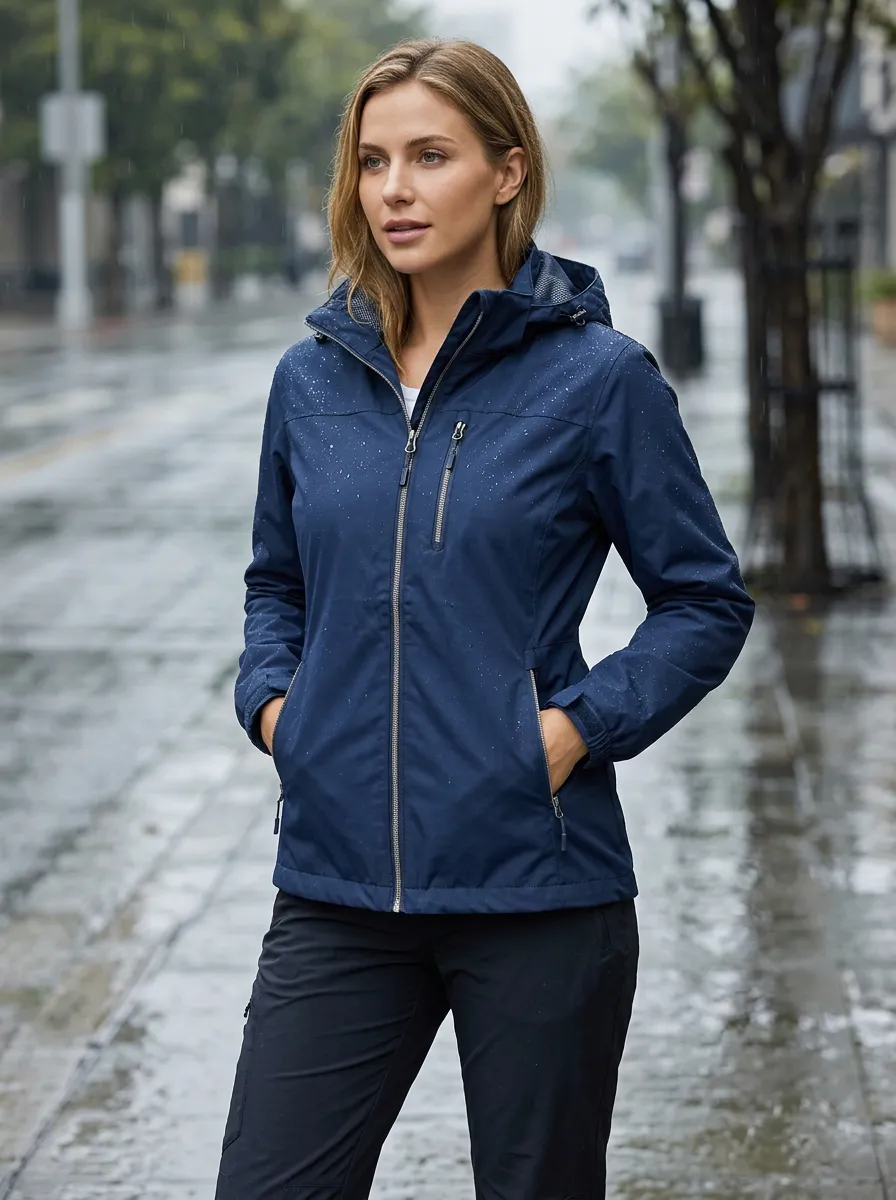 Women's Navy Blue Hooded Waterproof Rain Jacket with a Chest Pocket and a Zip Front