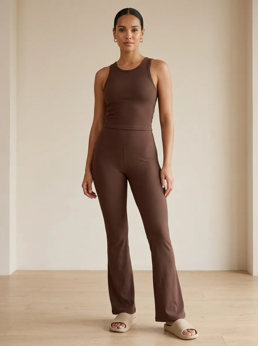 Women's Brown Ribbed Solid Color Sleeveless Tank Flare Pants Set