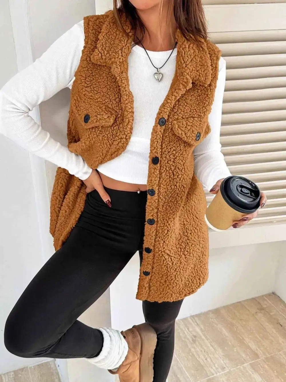 Button Down Sherpa Fleece Vest Coat