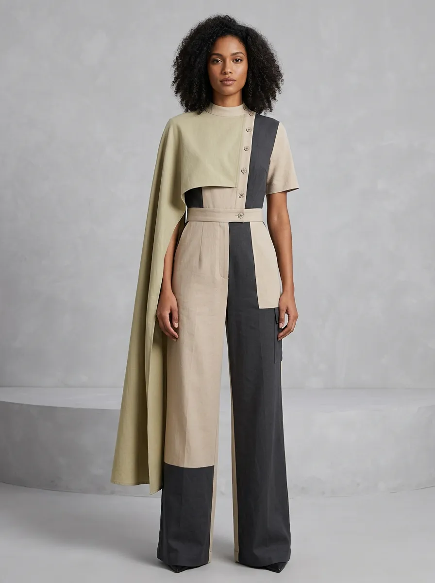 Women's Modern Minimalist Colorblock Cape Detail Jumpsuit