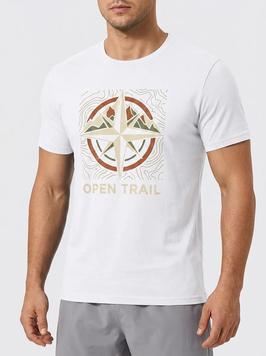 Men's Hiking Adventure Compass Mountain Open Trail Printed T-shirt