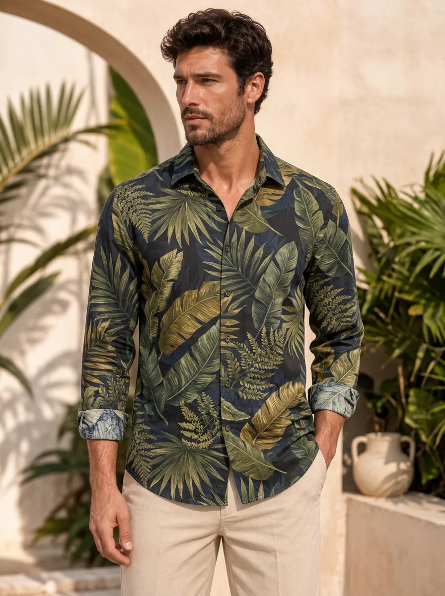 Men's Fern Tropical Print Long-Sleeve Shirt