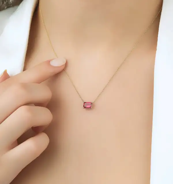 Dainty Emerald Cut Solitaire Ruby Necklace