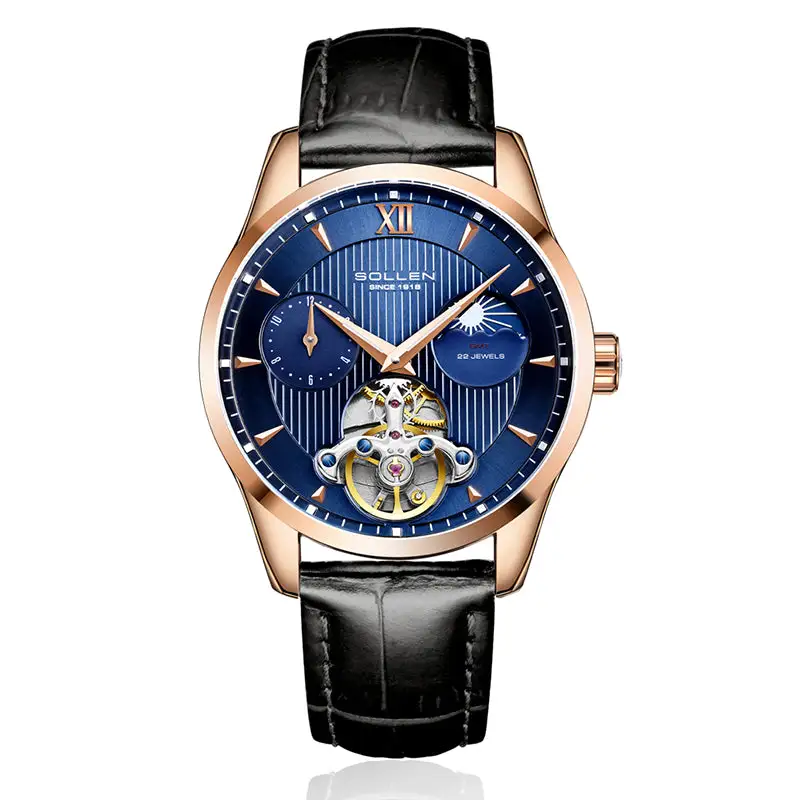 Sollen SL302 Men's Open Heart Automatic Mechanical Watch - 41mm Stainless Steel Case Moon Phase Dual Time Sunburst Dial Wristwatch