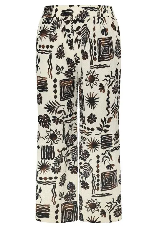 Natural Brown Summer Print Crinkle Wide Leg Trousers