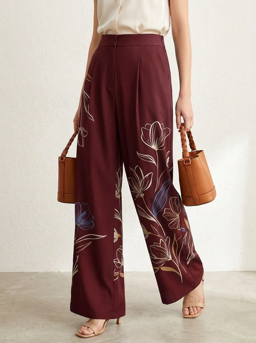 Women's Floral Art Navy Blue Patterned High-Waist Wide-Leg Pants