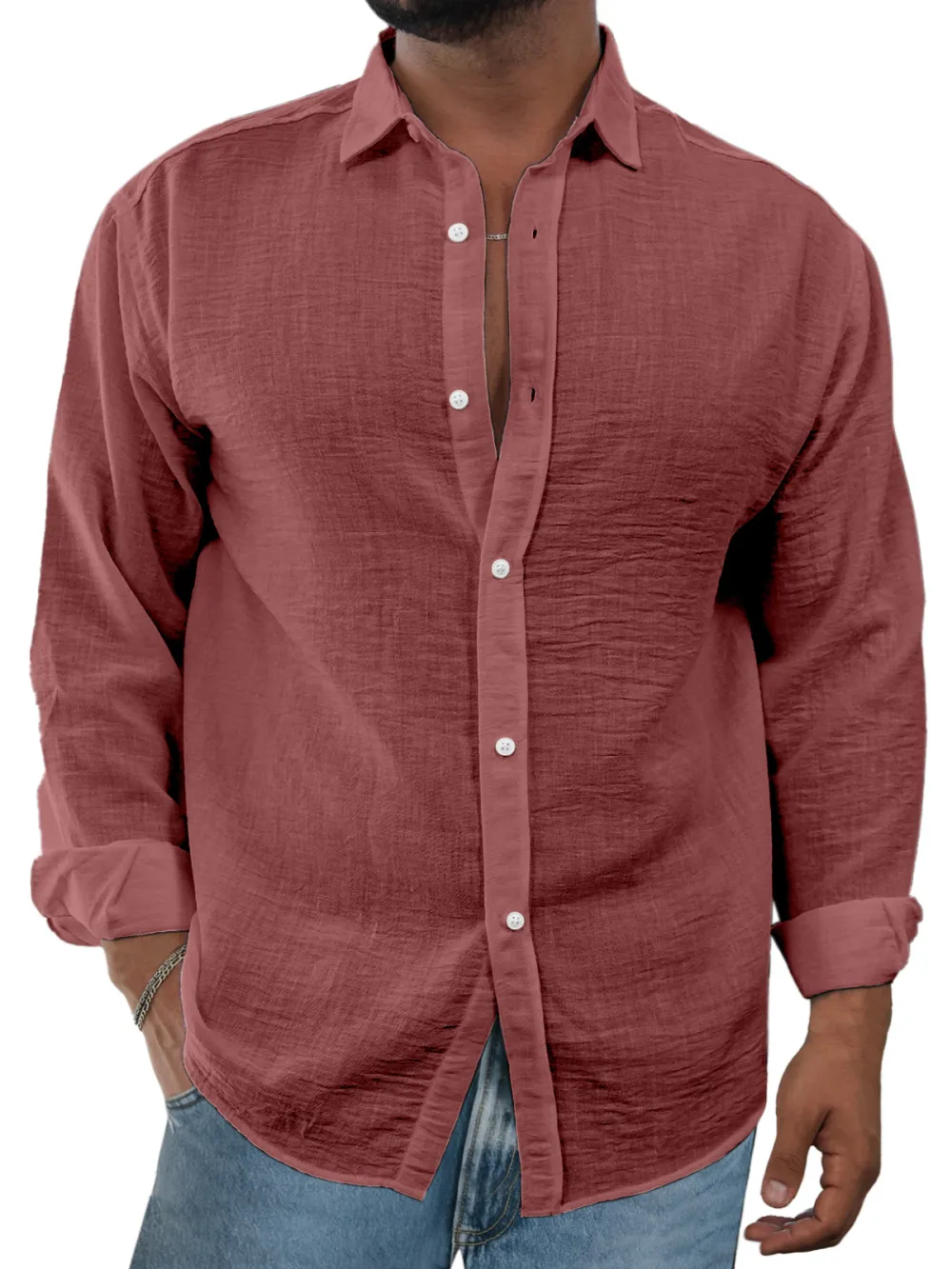 Linen Blend Open Collar Shirt