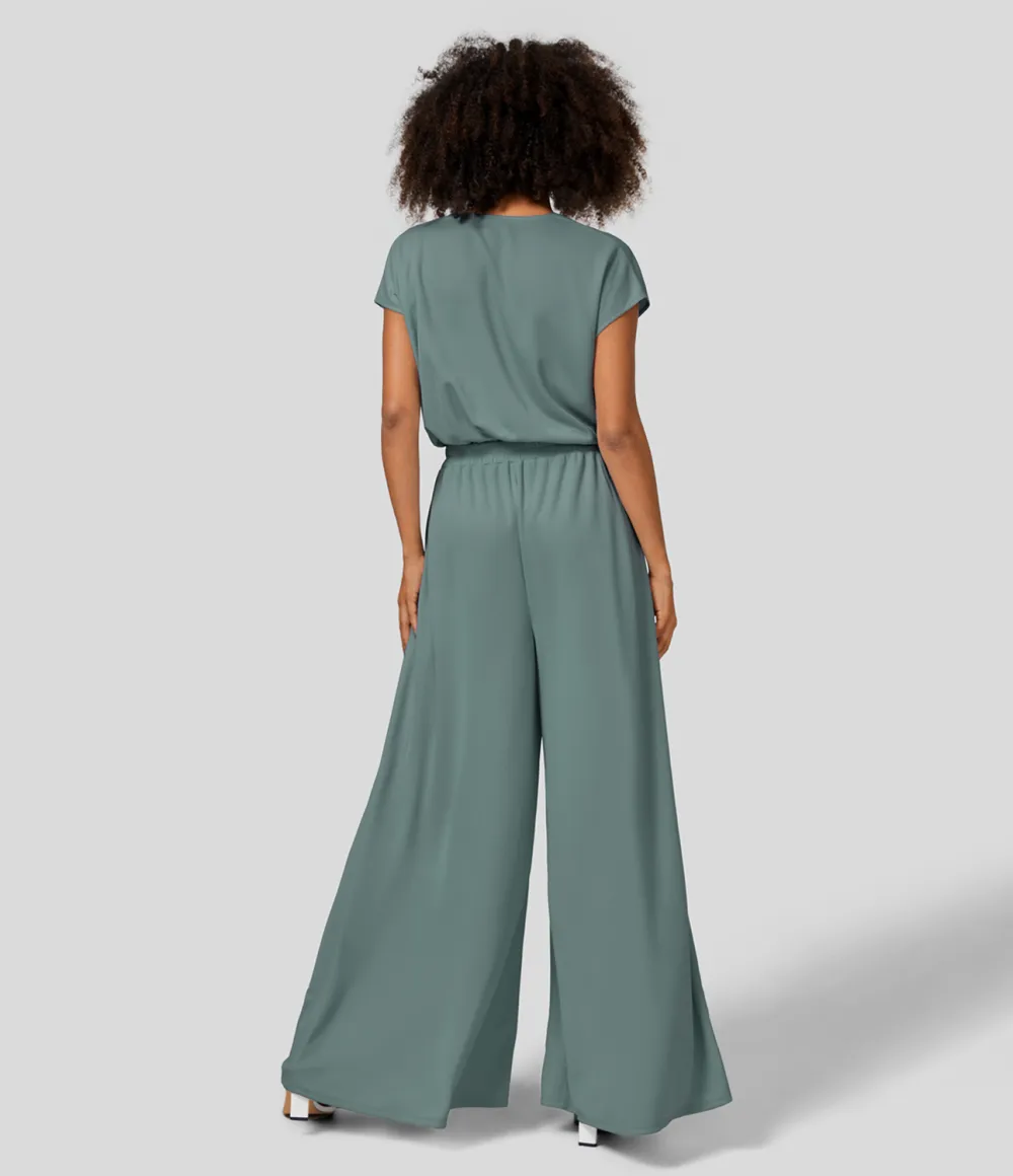 V Neck Short Sleeve Plicated Side Pocket Wide Leg Flowy Waffle Casual Jumpsuit