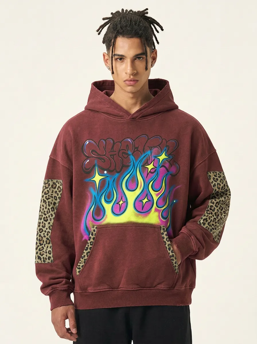 Unisex Streetwear Graffiti Flame Leopard Patch Graphic Hoodie