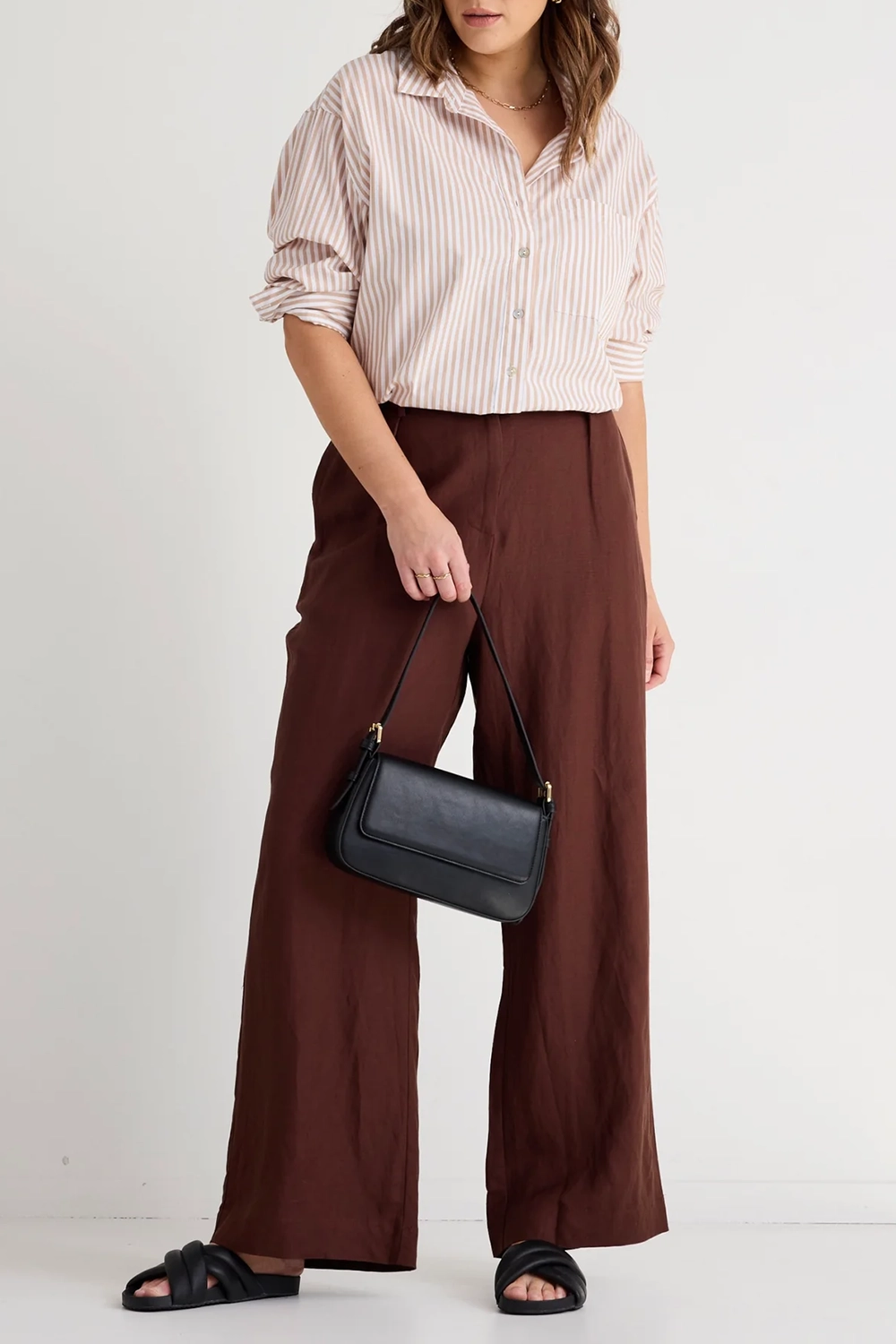 Brown Button - Front Wide - Leg Trousers
