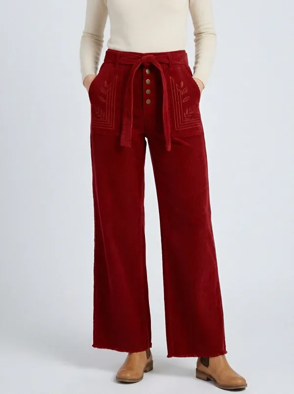 Women's Vintage Style Leaf Embroidery Belted Corduroy Pants