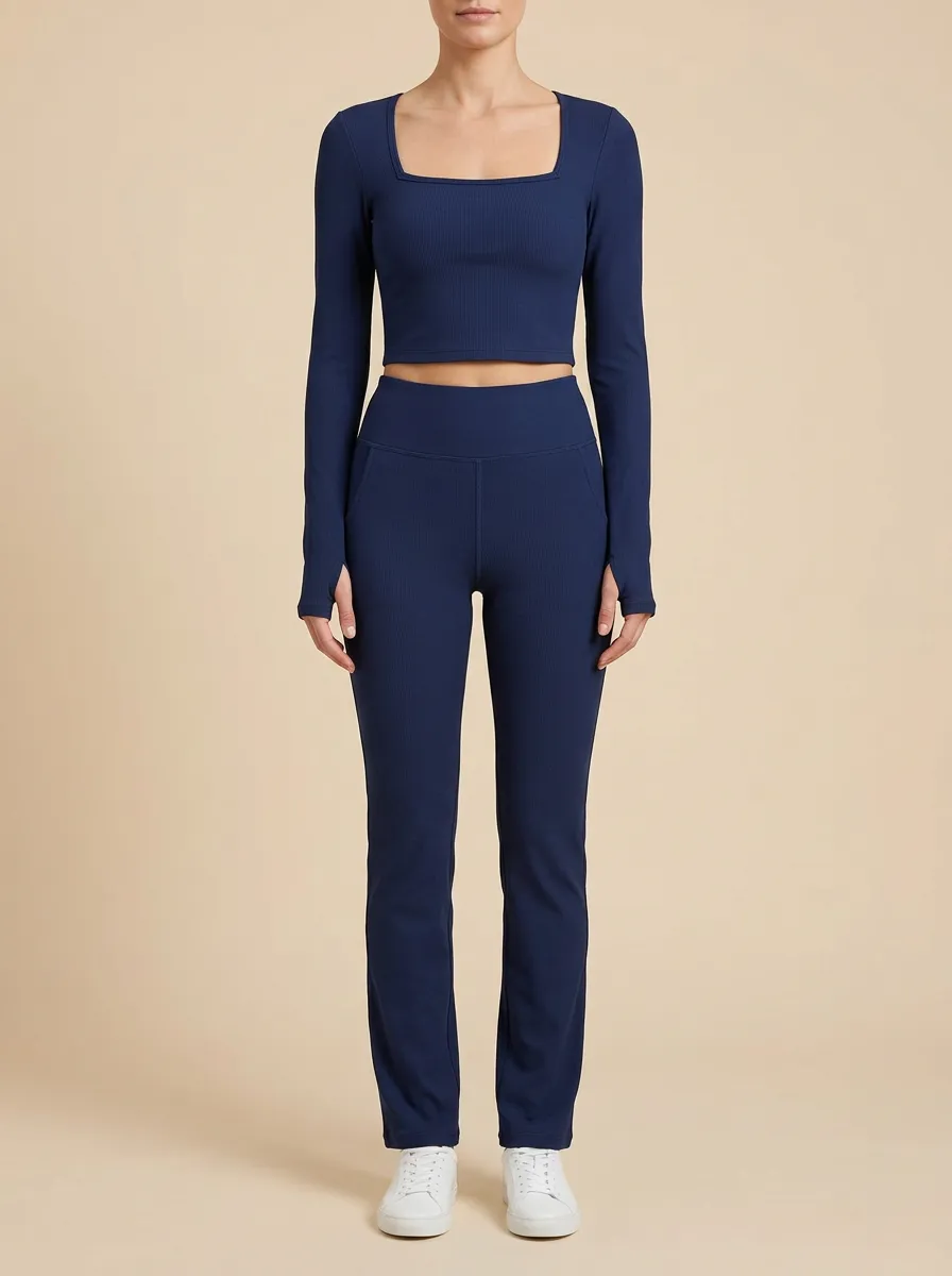 Women's Ribbed Square-Neck Thumbhole Crop Top and Straight-Leg Legging Set