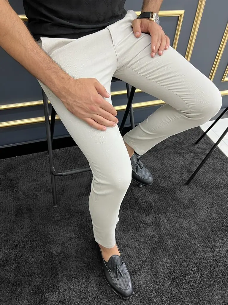 Modern Check Pattern Slim Fit Textured Pique Tailored Trousers