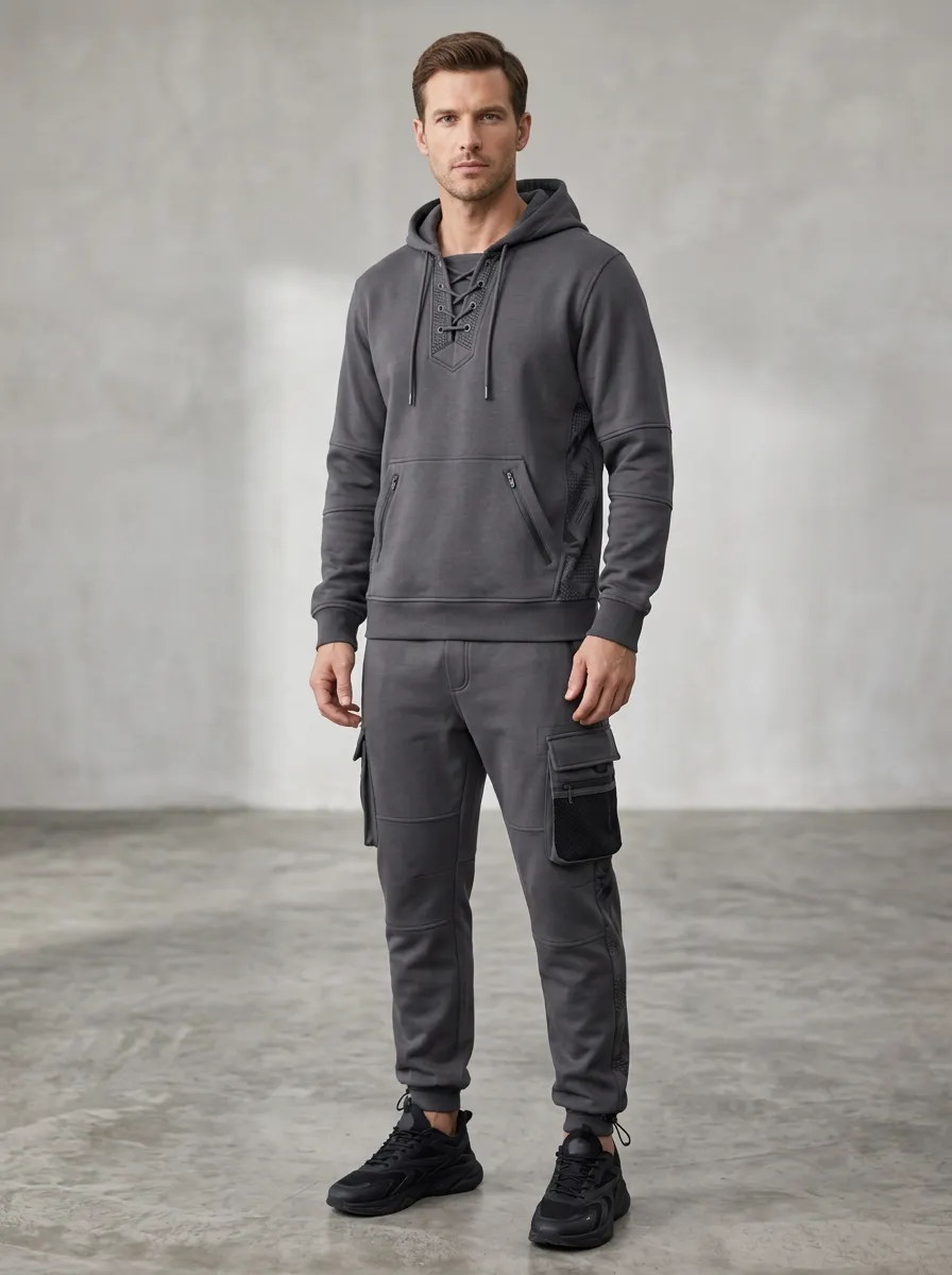 Functional Lace-Up Multi Pocket Look Men's Lace Up Hoodie And Cargo Jogger Set