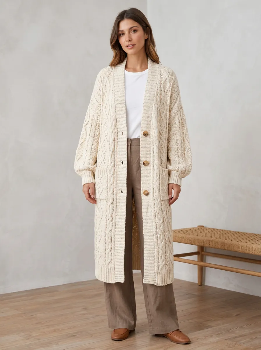 Women's Casual Cream Cable Knit Button Down Cardigan