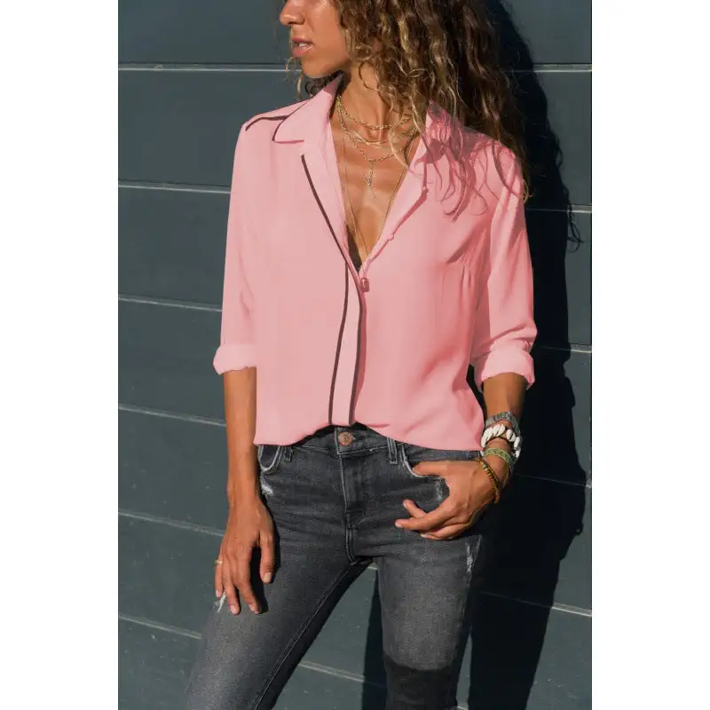 Softly Draped Contrast Detail V-Neck Blouse