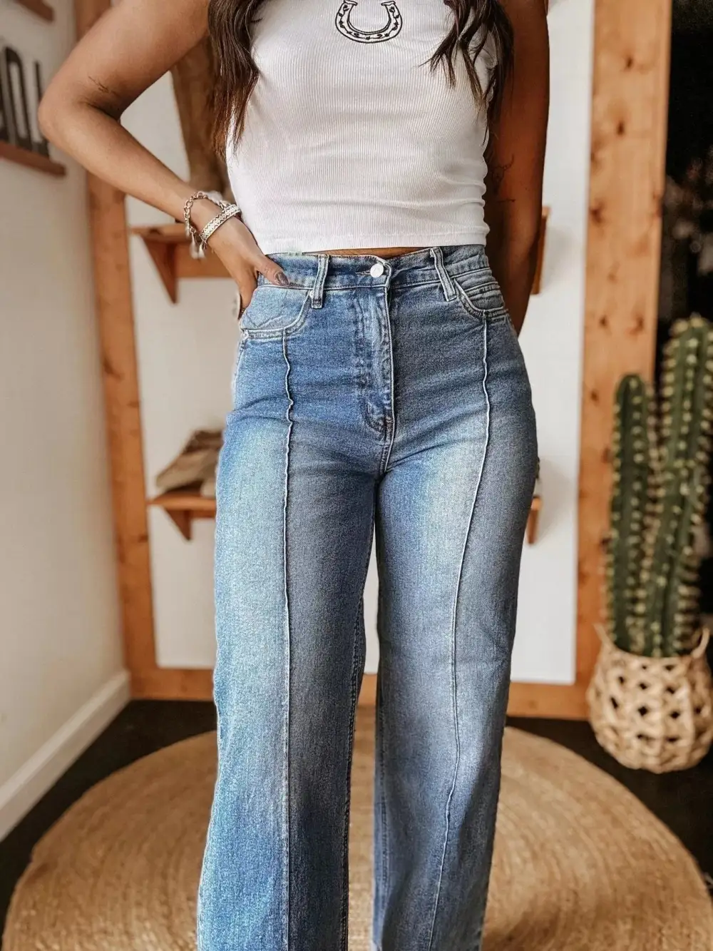 Super High-Waisted Wide Leg Cuffed Jeans
