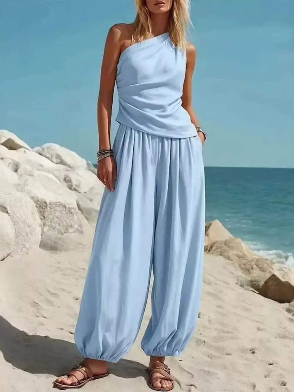 Full Size One Shoulder Top and Wide Leg Pants