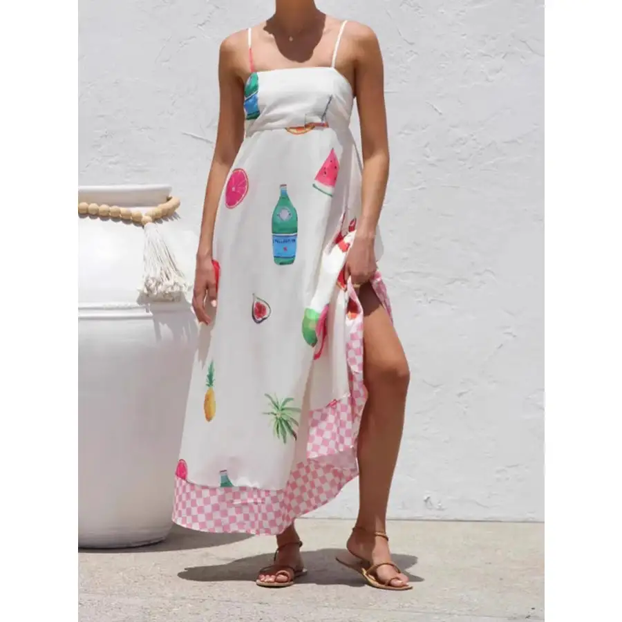 Printed Checkered Hem Cami Midi Dress
