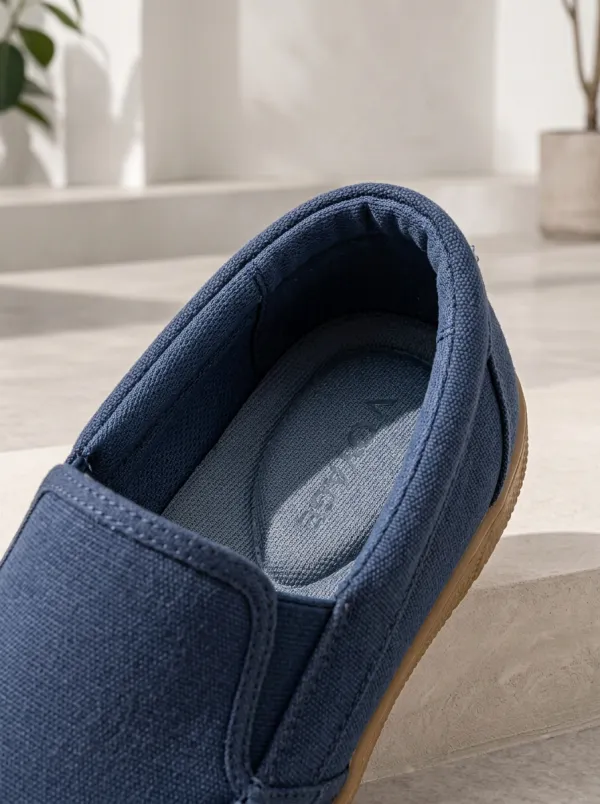 Men's Navy Canvas Moc-Toe Gum-Sole Elastic-Gore Low-Profile Slip-On Boat Shoes