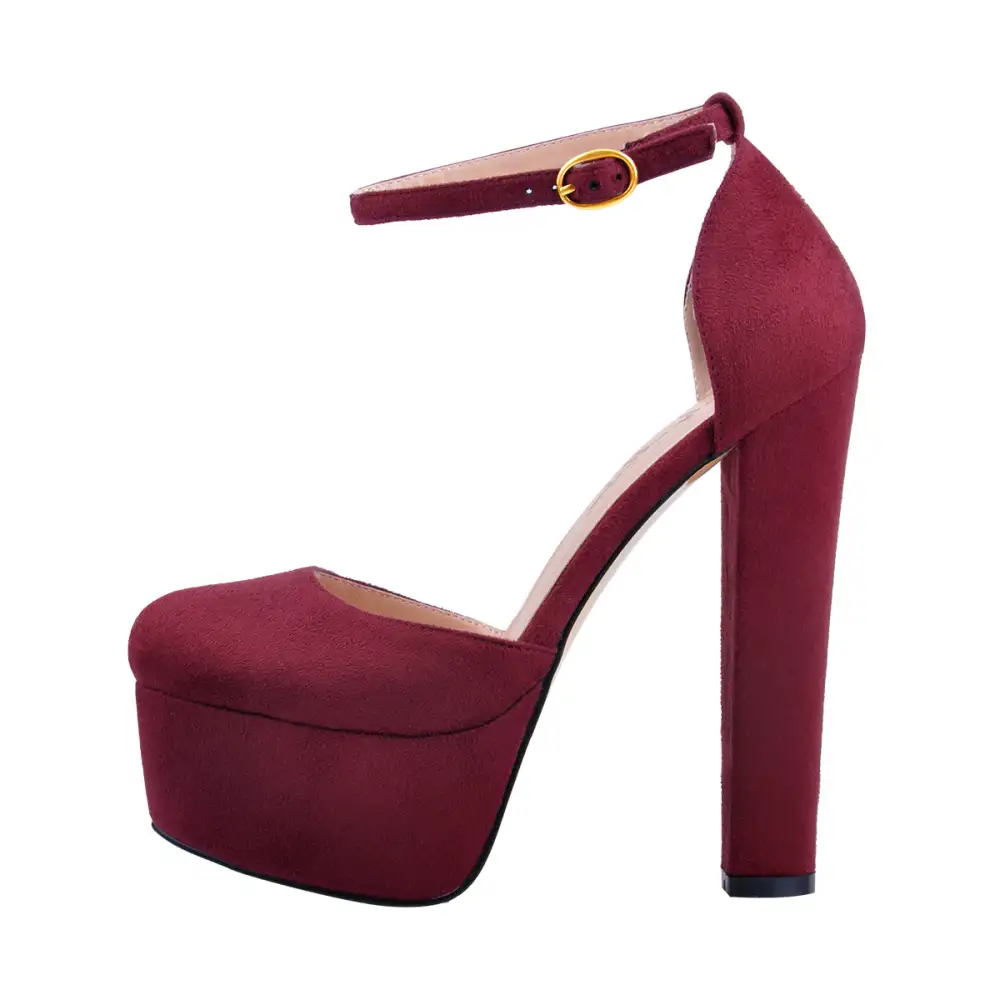 Suede Finish Round Toe Platform Chunky Heel Pumps