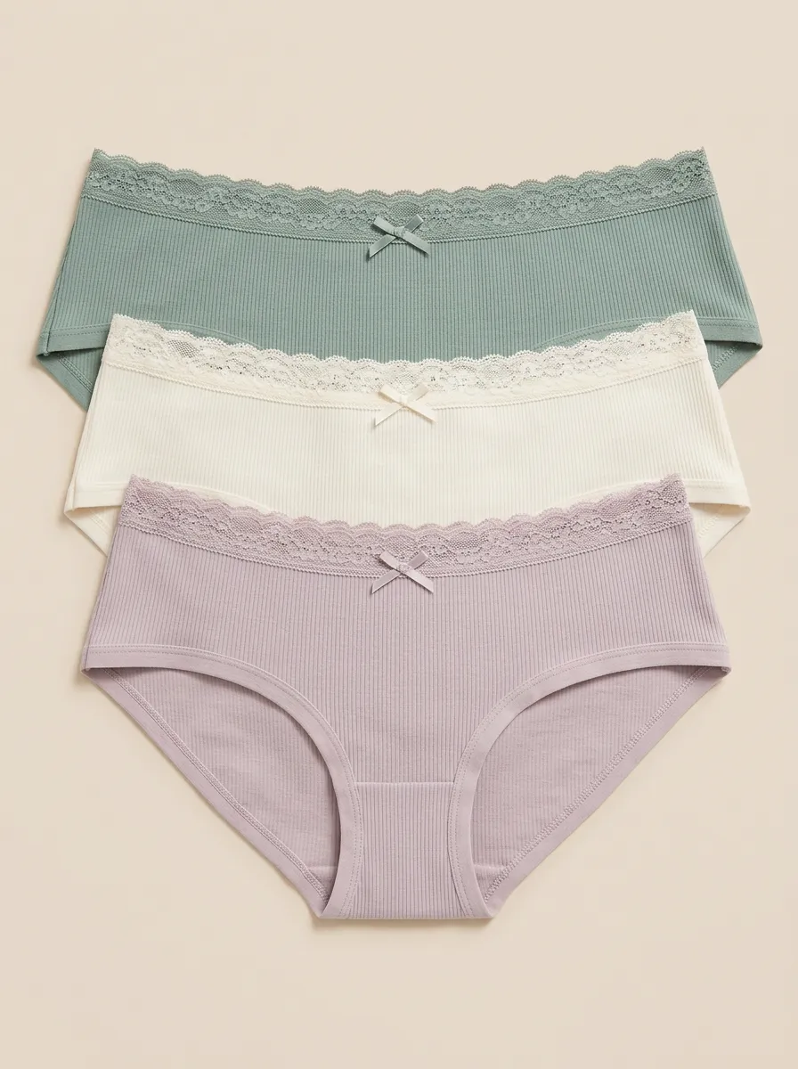 Classic Lace-Trim Ribbed Women's Three-Piece Panty Set